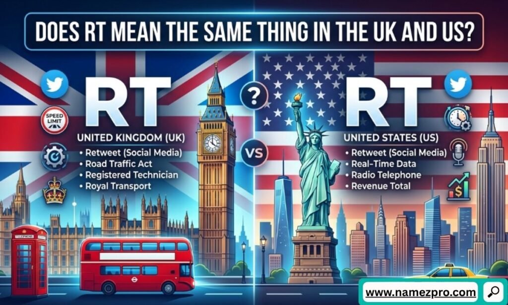 A smartphone between a split background of the UK Union Jack and the US American flag, displaying an RT chat notification.