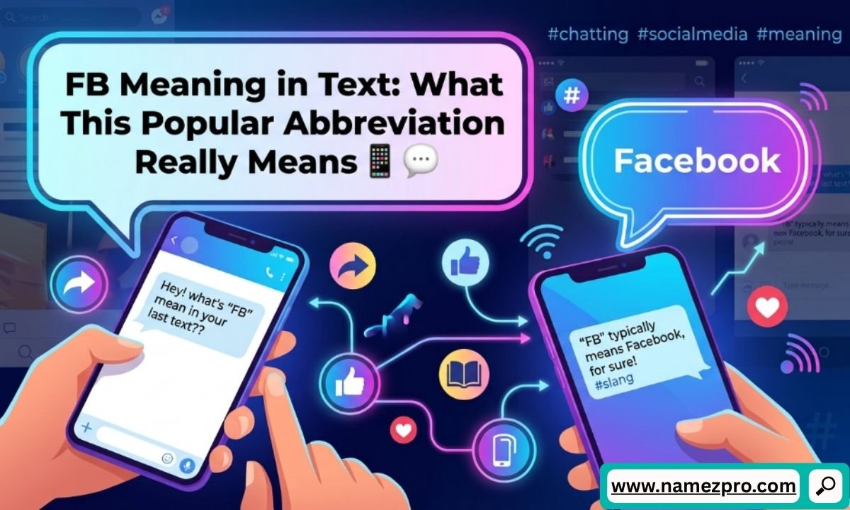 Graphic displaying two hands holding smartphones with text conversation bubbles defining FB as Facebook alongside digital connection icons.