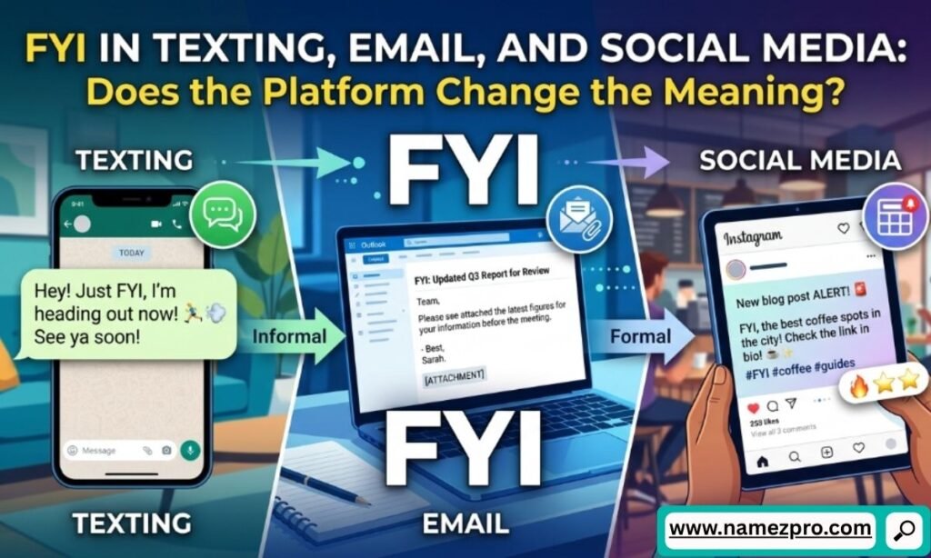 Infographic comparing the tone of FYI in email, texting, and social media apps on a split screen.