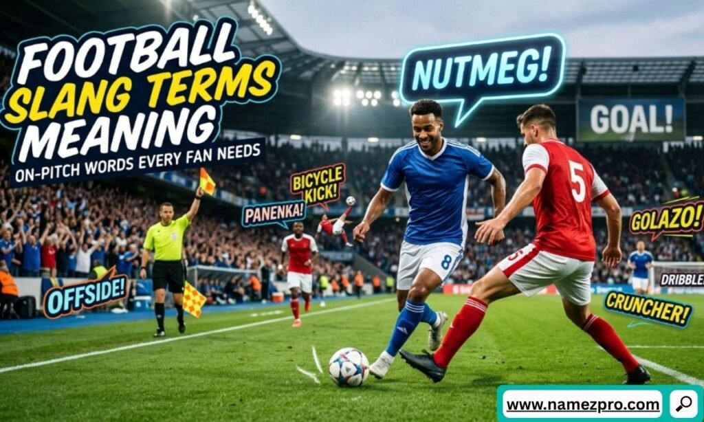 Football slang terms meaning guide featuring on-pitch soccer words, referee signals, and World Cup match action
