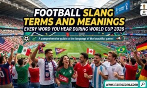 Football slang terms and meanings infographic with World Cup 2026 fans, referee signals, and soccer terminology