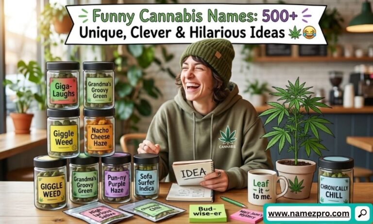 Laughing person at a table with jars of funny cannabis names, a potted green plant, and colorful label ideas.
