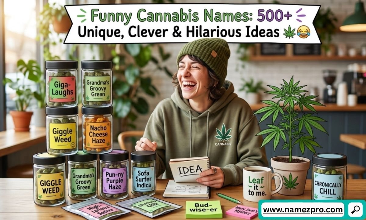 Laughing person at a table with jars of funny cannabis names, a potted green plant, and colorful label ideas.
