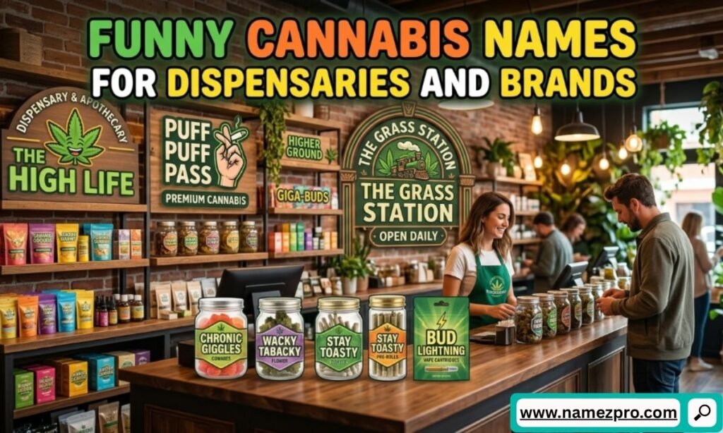 Modern dispensary interior with customers at a counter showing funny cannabis product jars and brand logos.