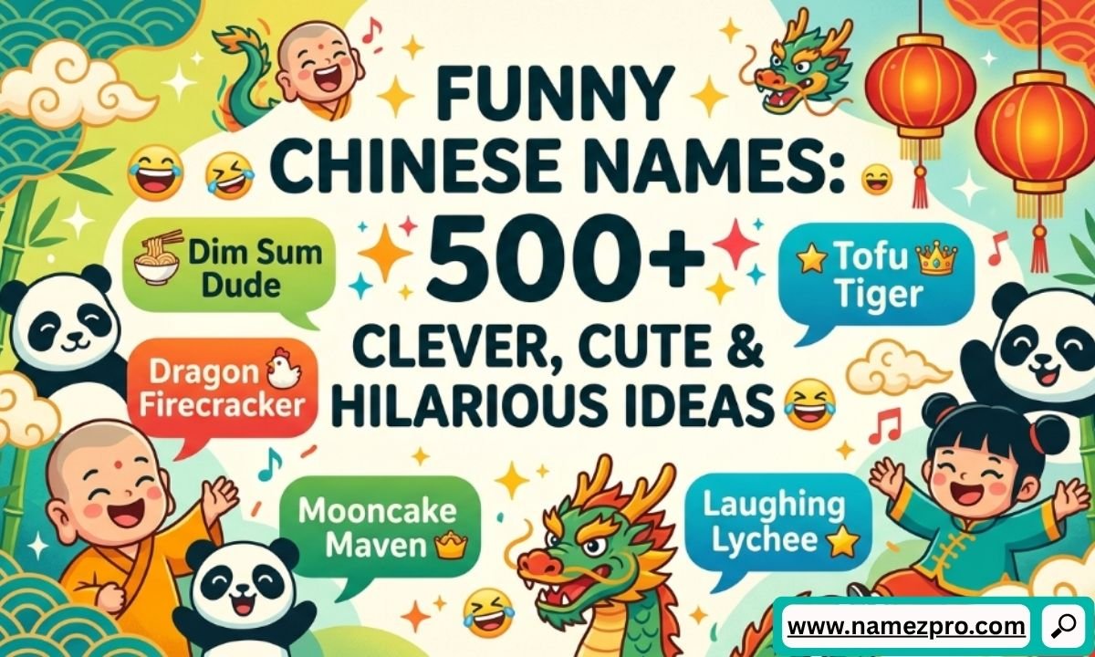 Funny Chinese names graphic with cute pandas, cartoon dragons, and hilarious nickname ideas like Dim Sum Dude.