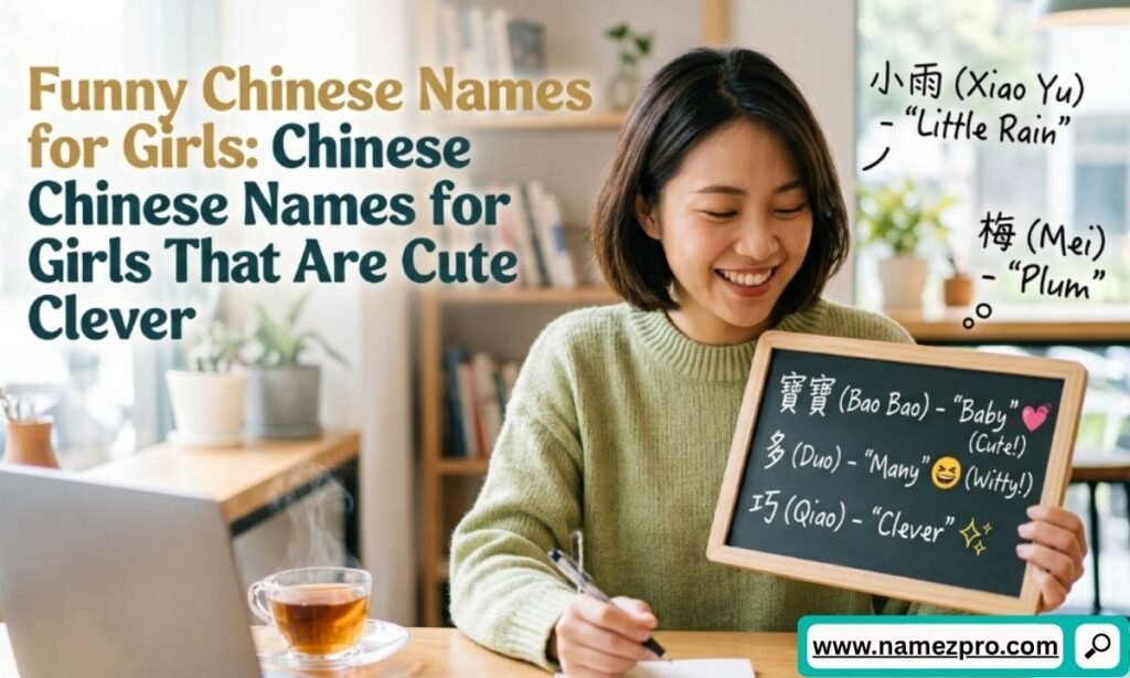 Cute cartoon girl eating dim sum with a happy panda, representing funny Chinese names for girls.