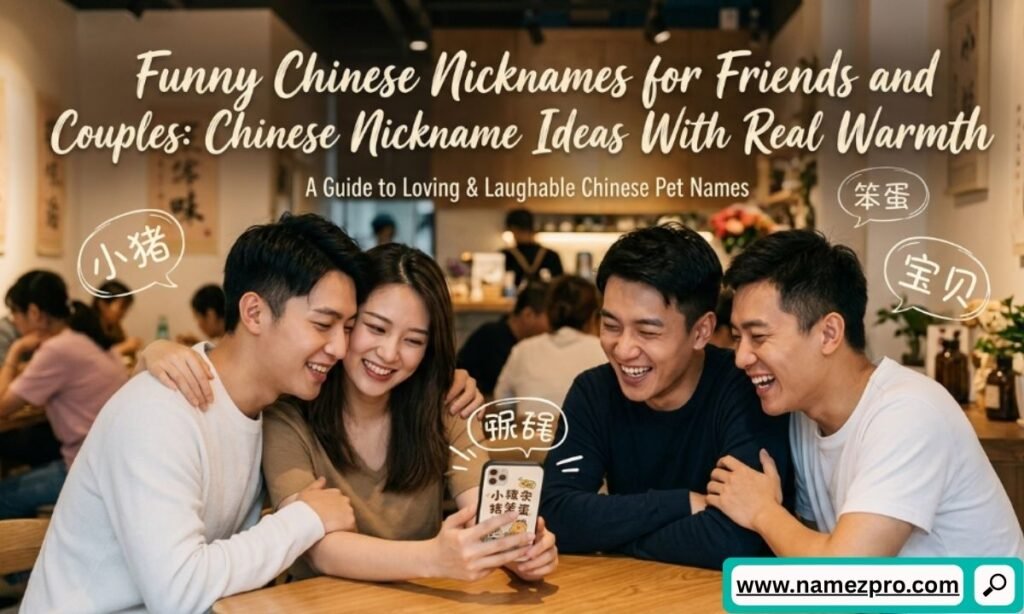 Four happy friends laughing at a smartphone in a cafe, overlayed with cute Chinese nickname speech bubbles.
