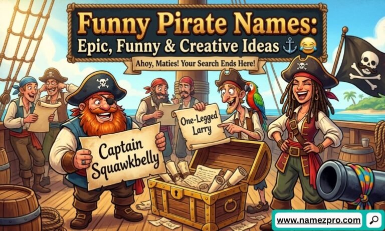 Cartoon pirates on a ship deck holding scrolls with funny names like Captain Squawkbelly near a treasure chest.