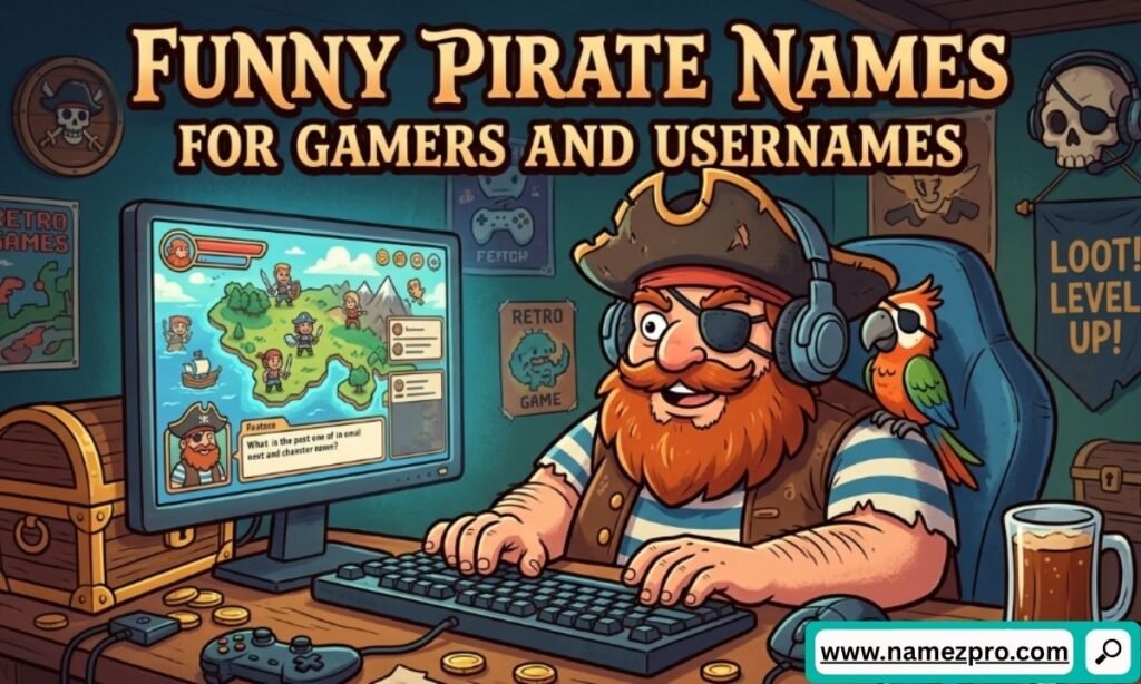 Cartoon pirate wearing a gaming headset playing a computer game at a desk with a parrot on his shoulder.