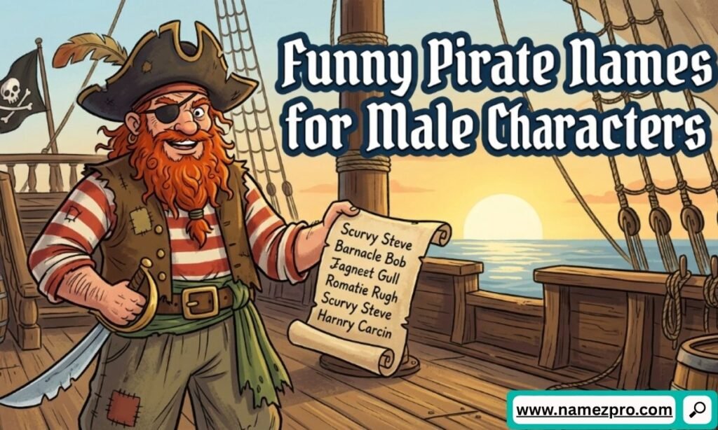 Cartoon male pirate with a red beard standing on a ship deck at sunset, holding a scroll with funny names.