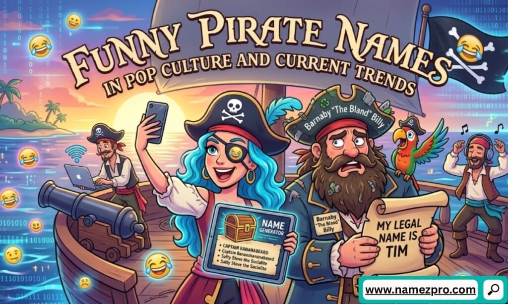 Cartoon pirates on a ship using smartphones, a laptop, and a name generator tablet amidst floating emojis.