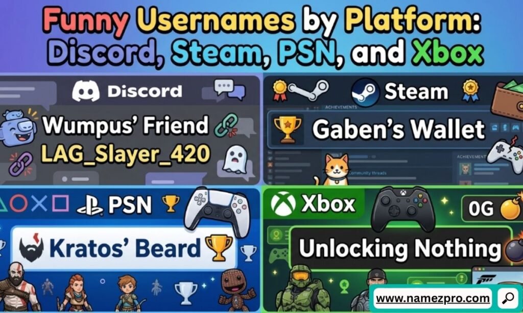 Four panels showing funny gaming usernames for platforms Discord, Steam, PSN, and Xbox with cartoon game characters.
