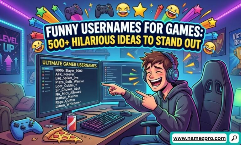 Cartoon boy laughing at a gaming PC screen showing funny gamer usernames, surrounded by pizza and controllers.