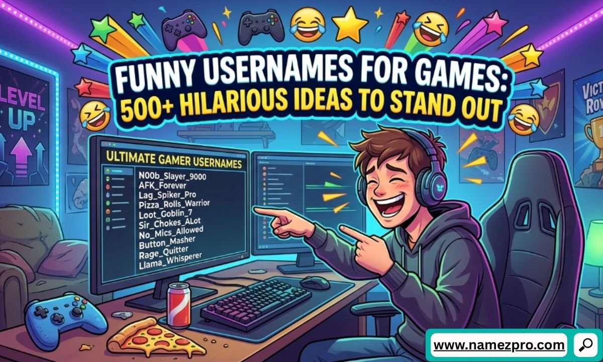 Cartoon boy laughing at a gaming PC screen showing funny gamer usernames, surrounded by pizza and controllers.