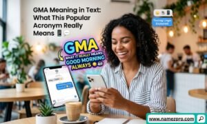 Smartphone displaying a text message conversation explaining GMA meaning in text with chat bubbles and emojis.