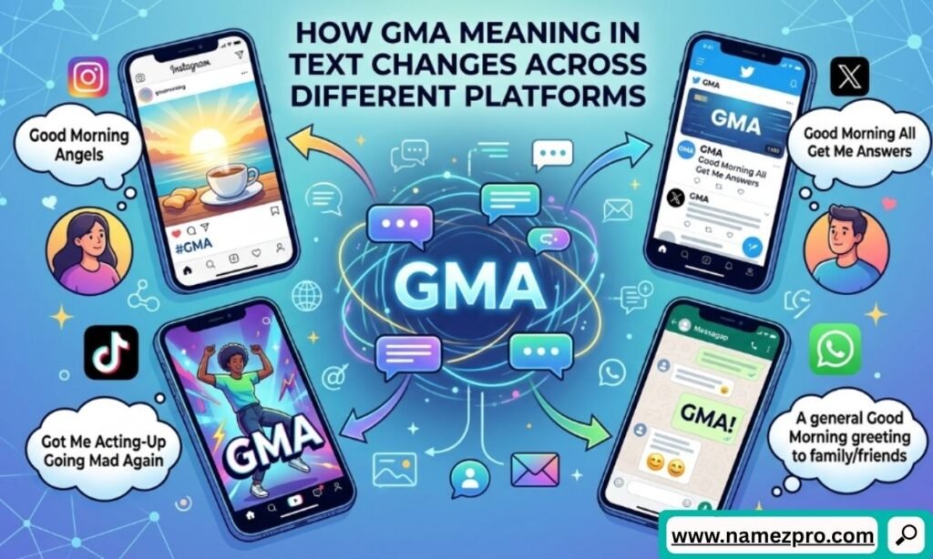 Grid layout showing app icons for WhatsApp, TikTok, and X next to varying definitions of the GMA acronym.