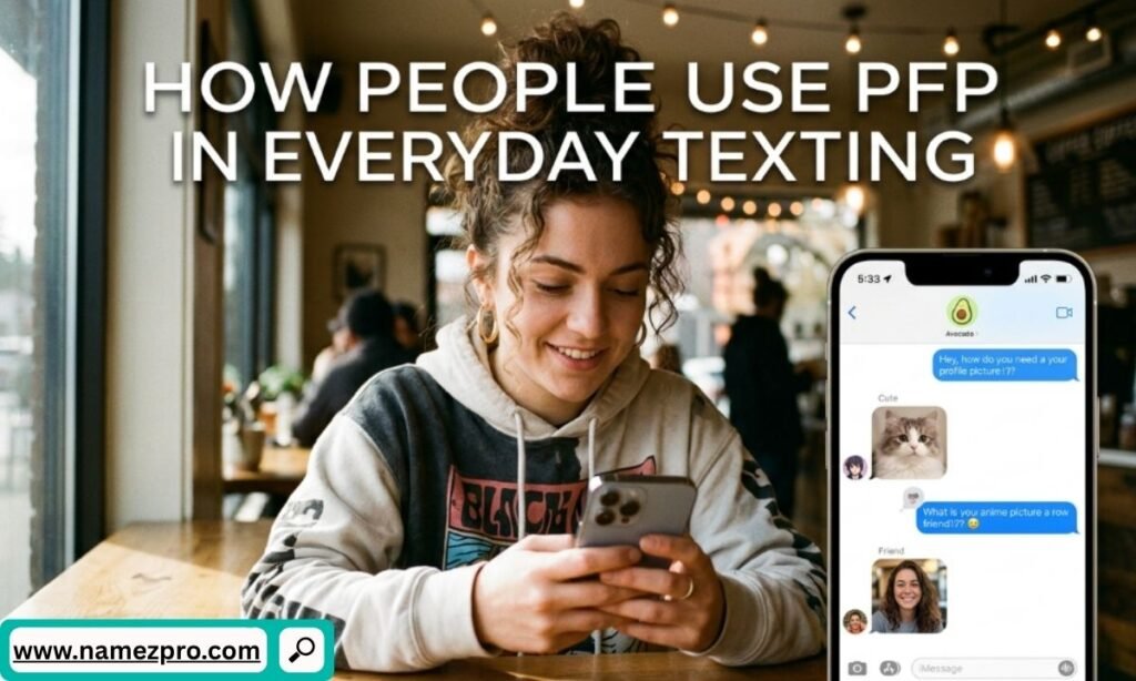 A smiling woman using her smartphone in a cafe next to an overlay showing a chat conversation about profile pictures and cats.