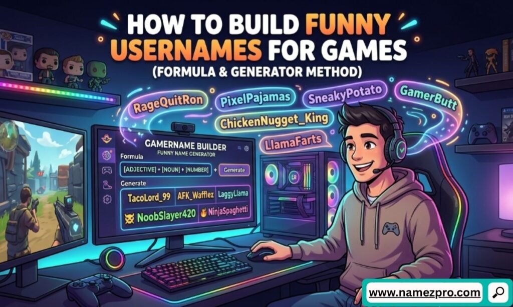 Cartoon gamer at a PC desk using a funny name generator tool with floating neon gaming username ideas.