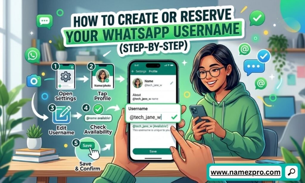 Infographic showing five steps to create a WhatsApp username on a smartphone, featuring a cartoon woman holding a phone.
