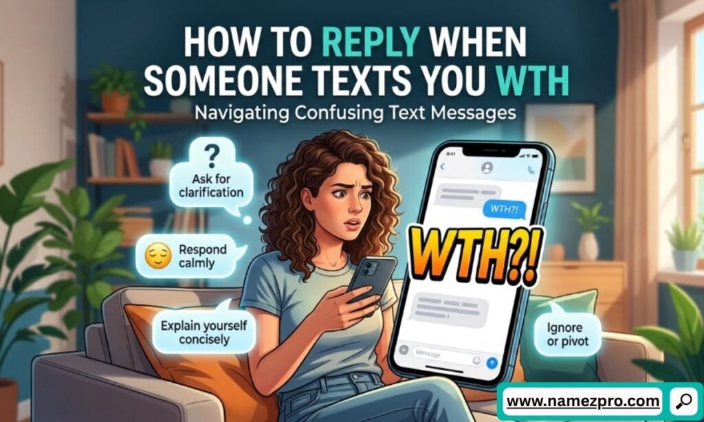 Smartphone screen showcasing a text conversation with creative example replies to a message that says WTH.