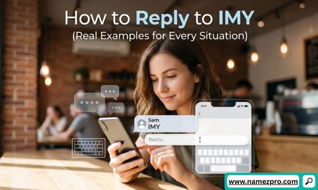 A woman sitting in a cafe using her smartphone with a graphic overlay displaying a text message from Sam saying IMY.