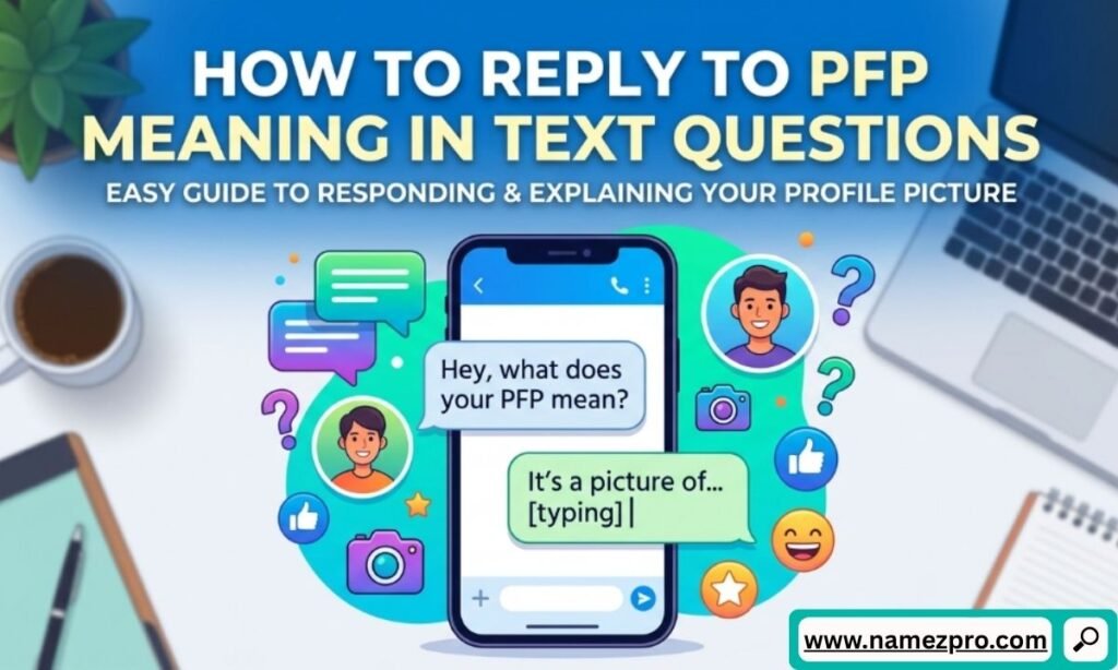 Graphic displaying text on how to reply to PFP meaning in text questions over a desk with a laptop and a smartphone.