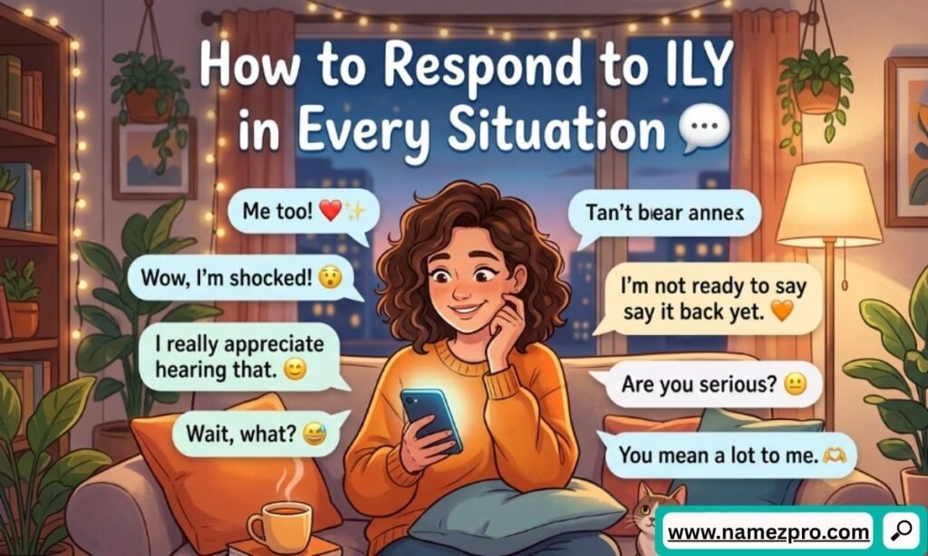 A clean infographic displaying various text bubble options on how to respond to an ILY text message in different situations.