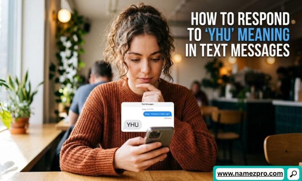 A woman in a cafe looking at her phone displaying a text message conversation with the slang term YHU.