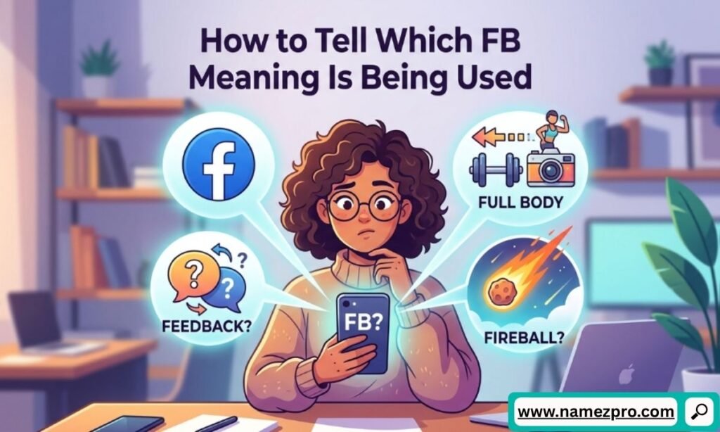 Illustrated woman looking confused at a smartphone with thought bubbles showing Facebook, Full Body workout, Feedback, and Fireball definitions.