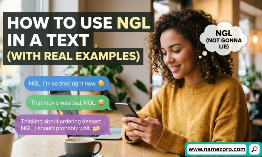 Split-screen graphic showing two smartphone text message examples of how to use NGL naturally in casual conversations.