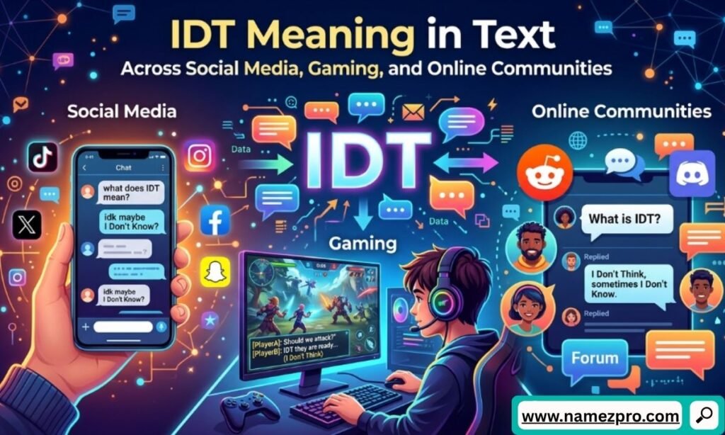 IDT meaning in text across social media, gaming chats, and online communities with messaging and gaming icons