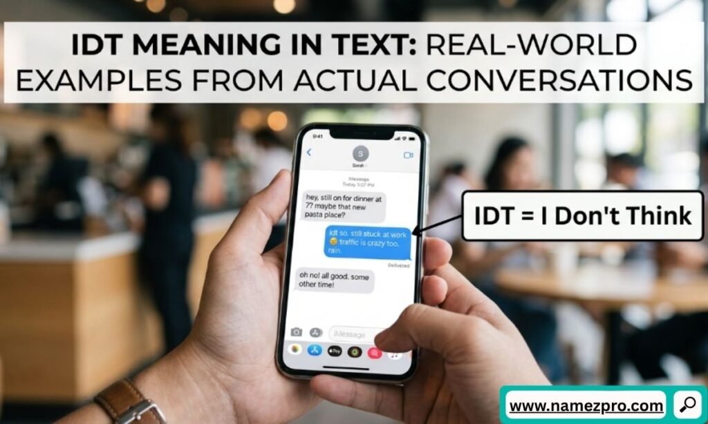 IDT meaning in text shown in real chat conversation examples with messaging bubbles and texting slang usage