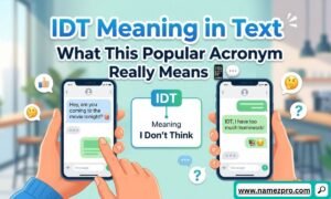IDT Meaning in Text acronym displayed on a smartphone chat screen with modern texting and social media icons