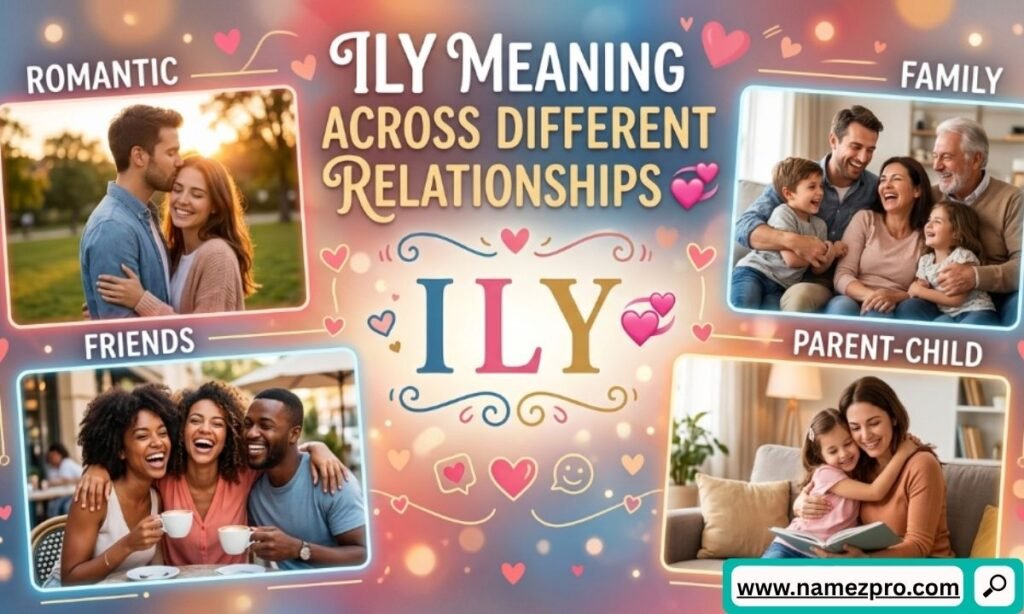 A split screen graphic illustrating the ILY acronym text message sent to a partner, a close friend, and a family member.