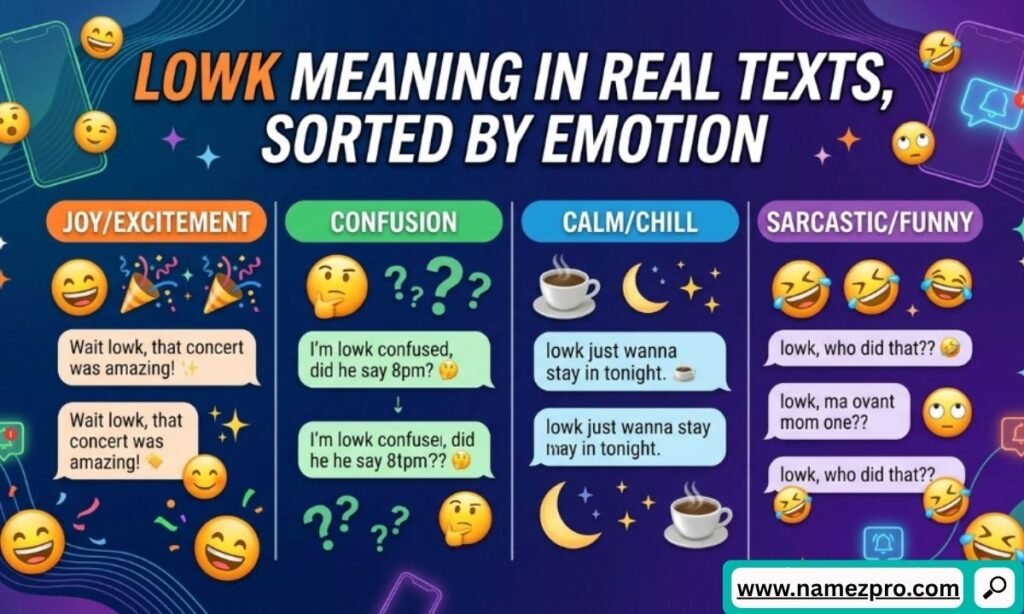 Grid of phone screens displaying text examples of lowk meaning in text across happy, anxious, and excited chats.