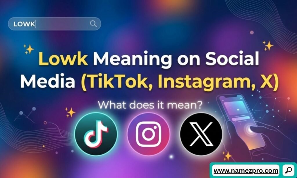Graphic displaying Lowk Meaning on Social Media text with TikTok, Instagram, and X logos next to a hand holding a smartphone.