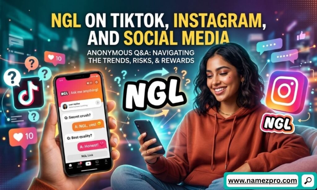 Mobile phone interface showing the NGL anonymous feedback link shared on Instagram Stories and TikTok bios.