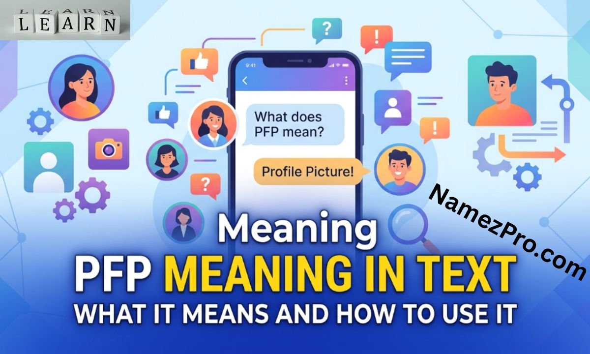 Graphic displaying PFP meaning in text on a smartphone screen surrounded by digital avatar icons and chat bubbles.
