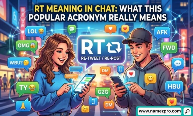 A smartphone displaying a chat bubble with the acronym RT next to a question mark, illustrating messaging slang.