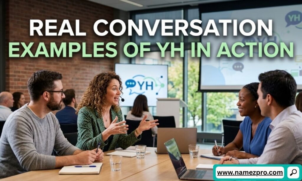Group of professionals in a meeting room discussing text overlays with YH logos displayed on presentation screens.