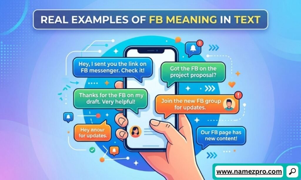 Smartphone screens displaying various text message examples where the acronym FB is used naturally in casual chats.