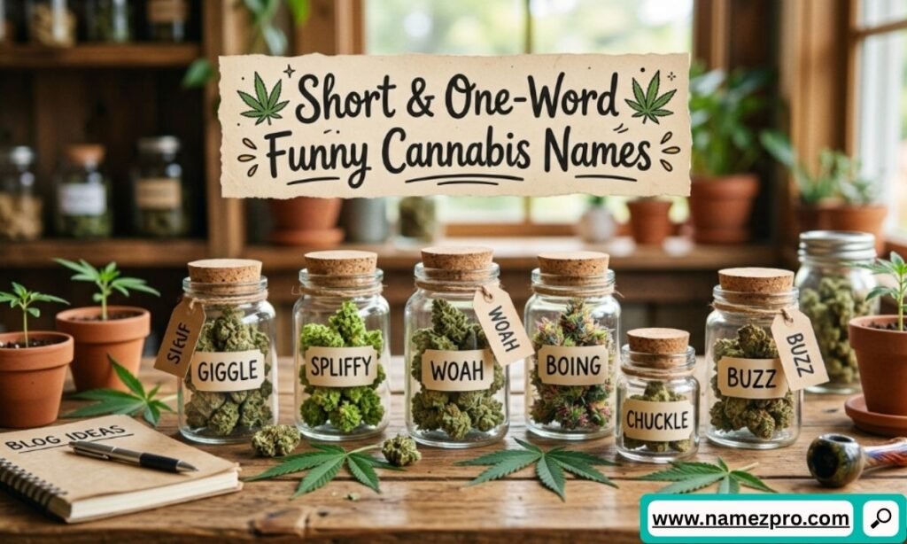 Glass jars with cork stoppers containing green buds and one-word labels like Giggle and Buzz on a wooden table.