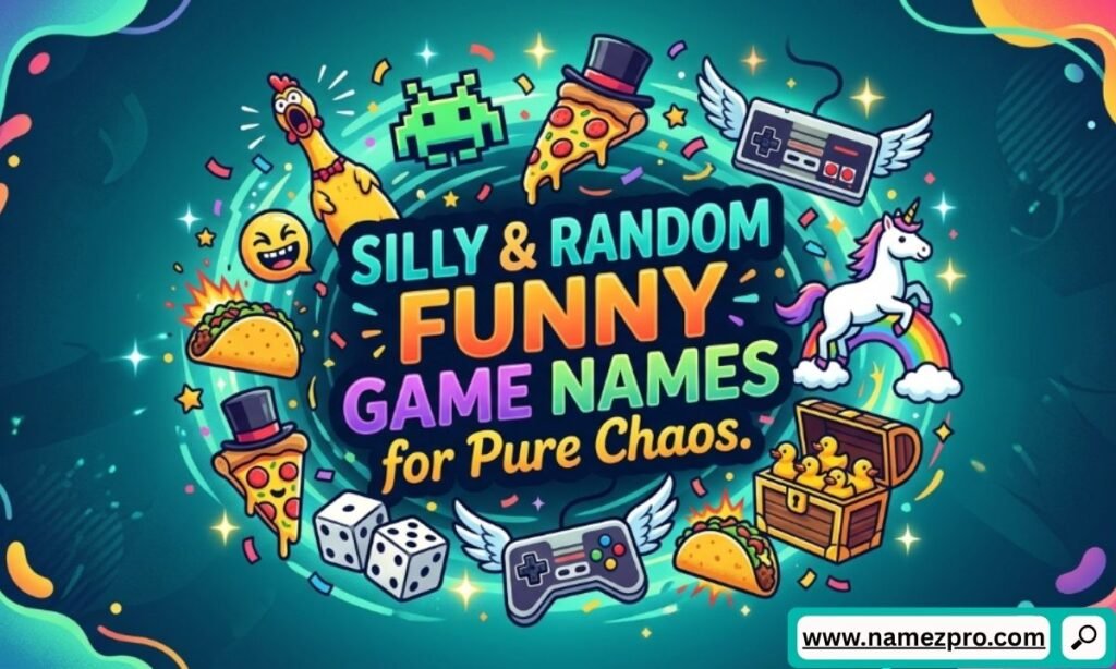 Colorful cartoon graphics of rubber chickens, flying controllers, pizza, and unicorns surrounding funny game names text.