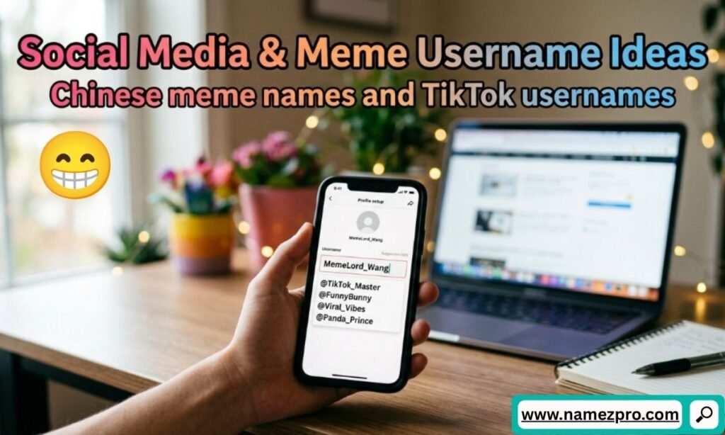 Hand holding a phone showing a TikTok profile setup with meme usernames on a wooden workspace desk.