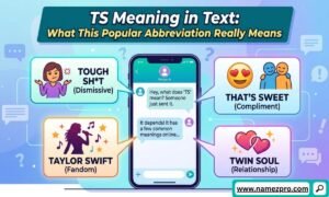 An infographic illustrating different meanings of the acronym TS in texting, including Talk Soon and True Story.