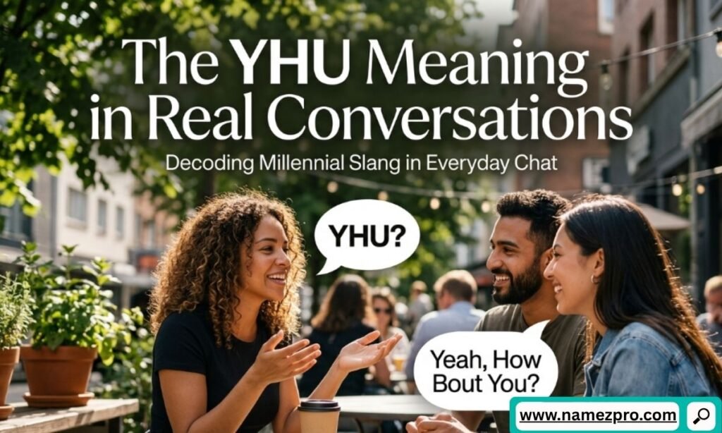 Friends talking at an outdoor cafe with text bubbles showing a slang conversation using YHU and its meaning.