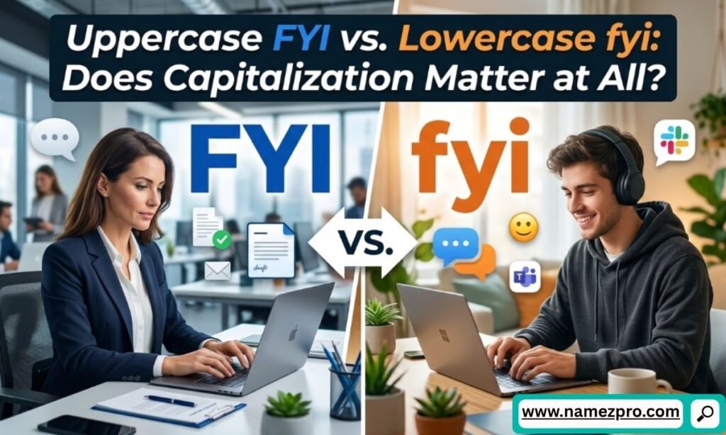 Visual comparison showing uppercase FYI vs lowercase fyi text bubbles with distinct casual and urgent emoji.