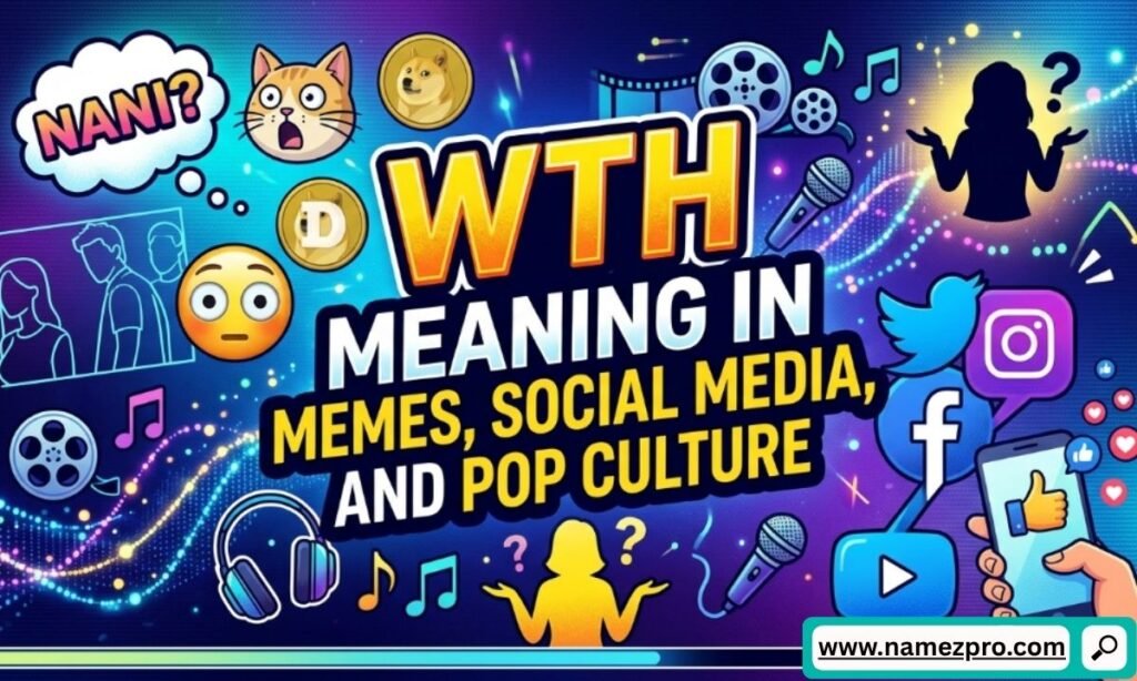 Split-screen image of a viral funny reaction meme face and a social media comment section using the text slang WTH.