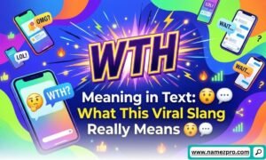 Mobile phone screen displaying a text message with the viral slang acronym WTH and a confused emoji.
