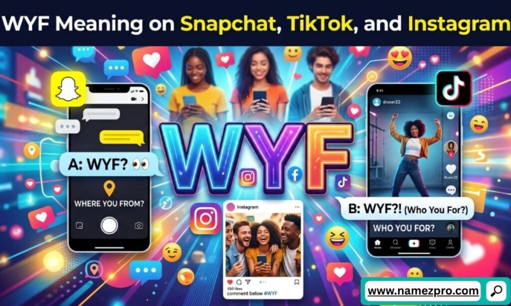 Grid graphic featuring the logos of Snapchat TikTok and Instagram with a text bubble asking WYF where are you from